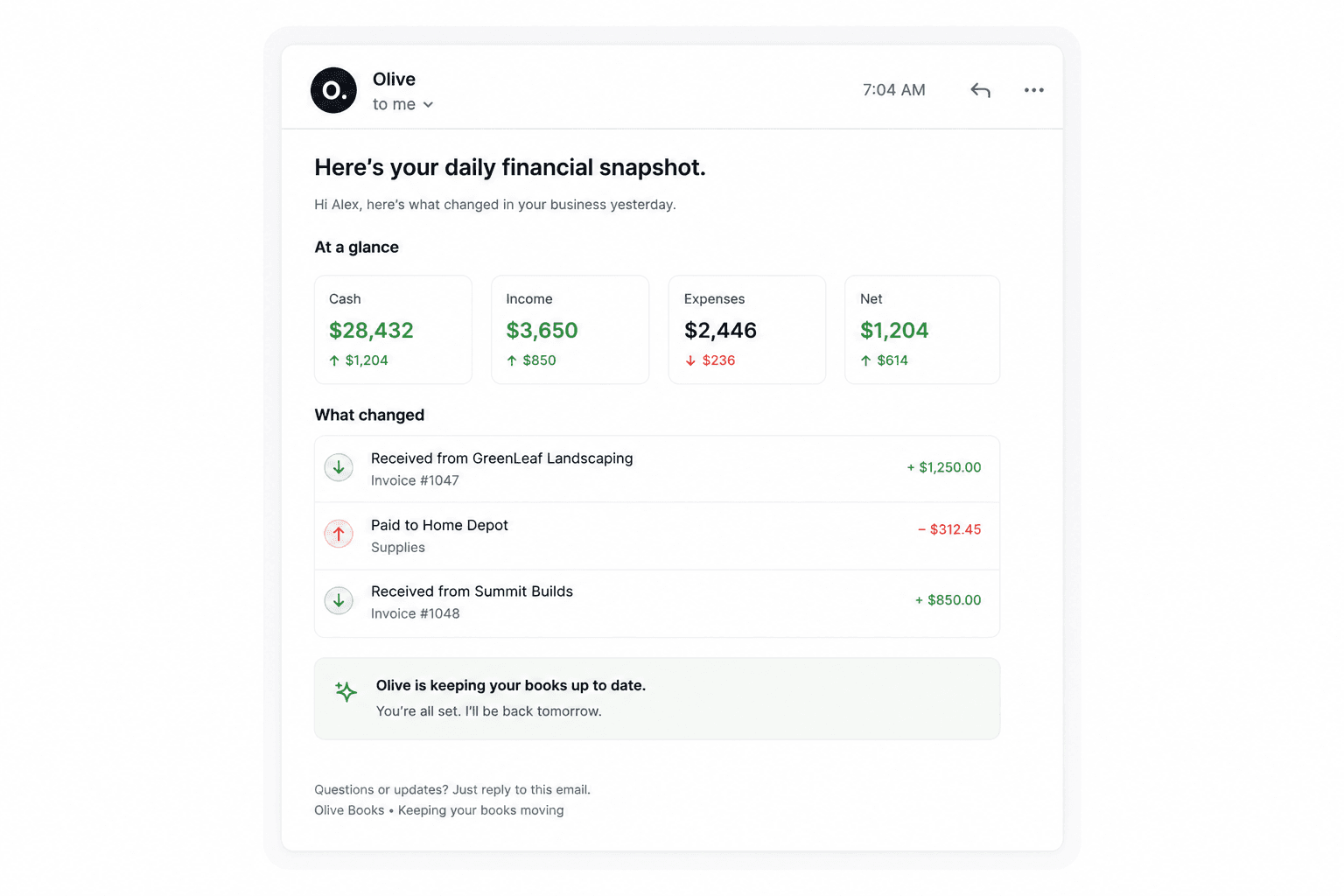 An Olive daily financial snapshot showing cash, income, expenses, net position, and recent transactions